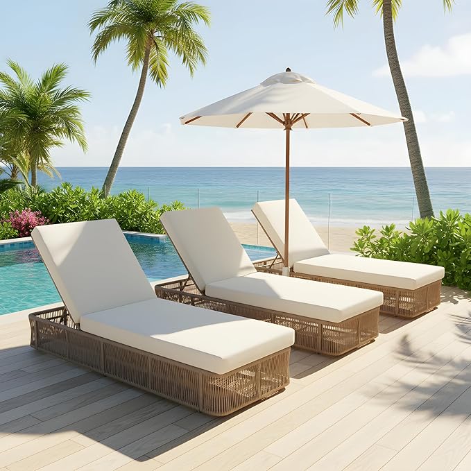 Merax 3-Pieces Outdoor Chaise Lounge Chair Set – Adjustable Woven Rope Sun Lounger with 5-Position Backrest (Frame Only) – Modern Patio Furniture for Pool, Beach & Garden, Beige