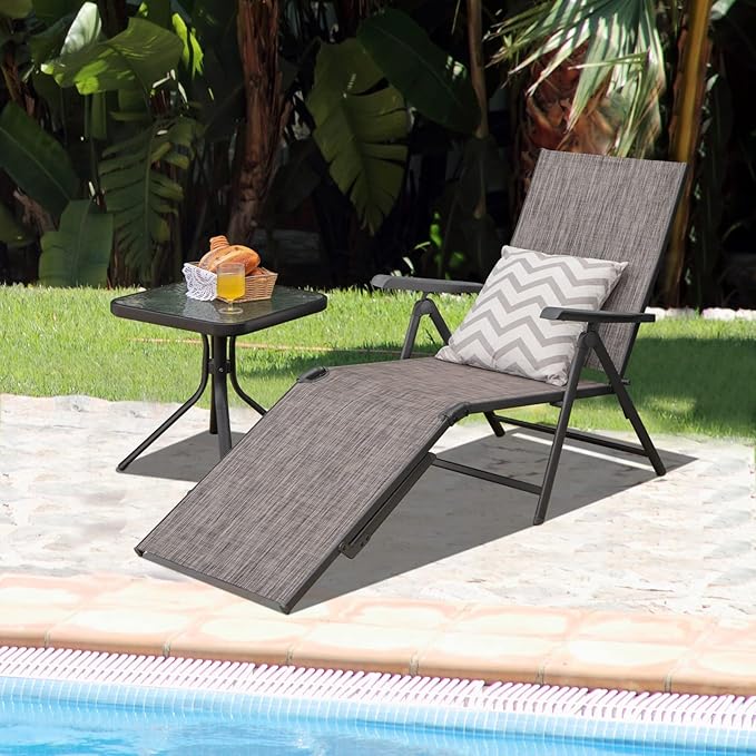 Tangkula Folding Lounge Chair Outdoor, Recliner Chaise Lounge with 5-Position Adjustable Backrest & 2-Position Footrest, No Assembly Required, Suitable for Patio Poolside Beach Yard (1, Grey)