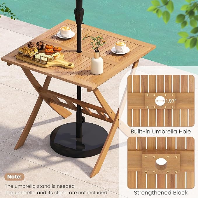 Tangkula 36" Acacia Wood Patio Dining Table, Square Folding Outdoor Bistro Table with Umbrella Hole and X-Shaped Frame - Photo 5