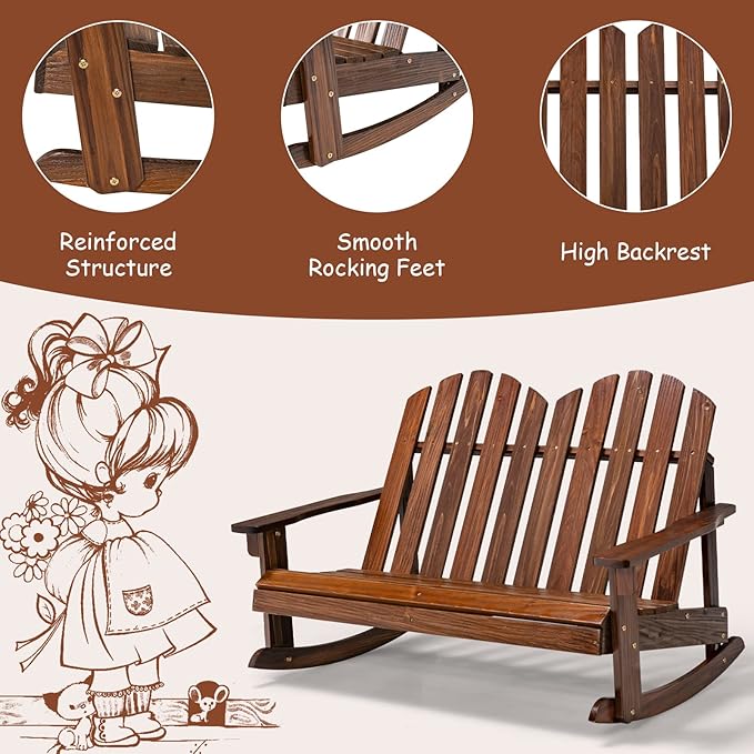 Giantex 2-Person Adirondack Rocking Chair - Kids Outdoor Rocking Bench with Slatted Seat, High Backrest, 220LBS Weight Capacity, Kids Patio Rocker for Balcony, Yard, Poolside (1, Coffee)