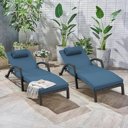 HOMREST Chaise Lounge Chairs Set of 4, PE Rattan Wicker Recliner, Patio Lounge Chair with Adjustable 5 Position Arm & Wheels for Poolside Backyard Deck Porch,Dark Blue
