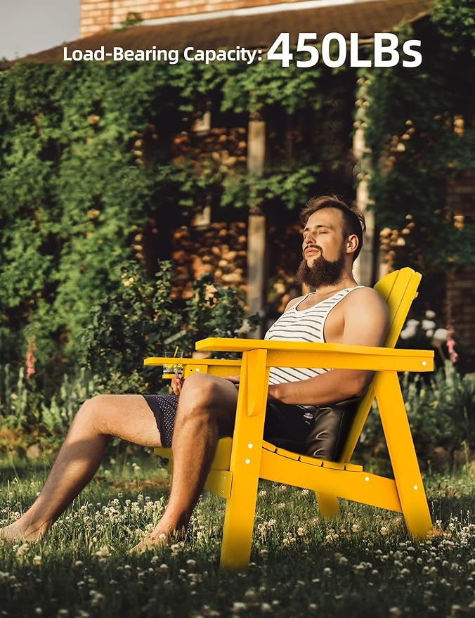 Adirondack Chair - Durable HDPE Poly Lumber All-Weather Resistant, Oversized Balcony Porch Patio Outdoor Chair for Lawn, Backyard, Deck, Garden, Camping - Easy Installation, Yellow