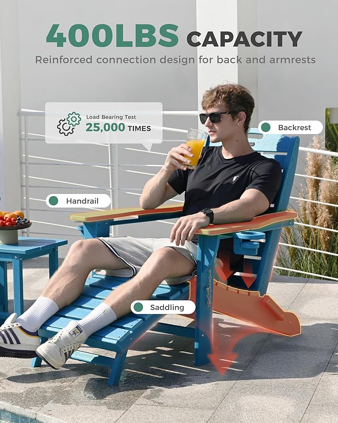 Folding Adirondack Chair with Retractable Ottoman Weather Resistant Fire Pit Chair Patio Chair with 2 Cup Holder Lawn - Photo 6