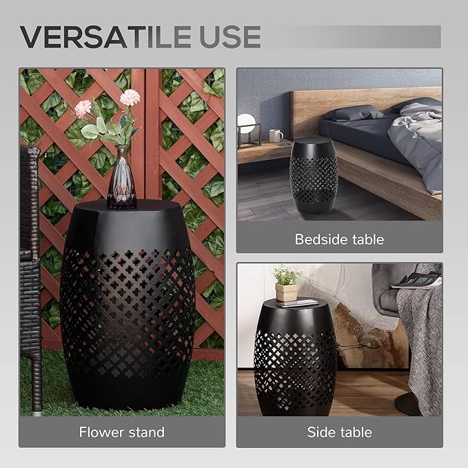Outsunny 12" Steel Outdoor Side Table, Round Hollow Drum Patio End Table, Accent Table for Indoor and Outdoor, Black - Photo 5