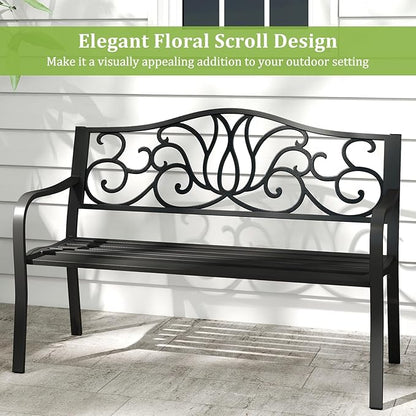 Tangkula 50 Inches Outdoor Garden Park Bench, Cast Iron Metal Front Porch Loveseat with Floral Design Backrest and Slatted Seat, Patio Bench with Armrests for Outside, Yard and Lawn, Black