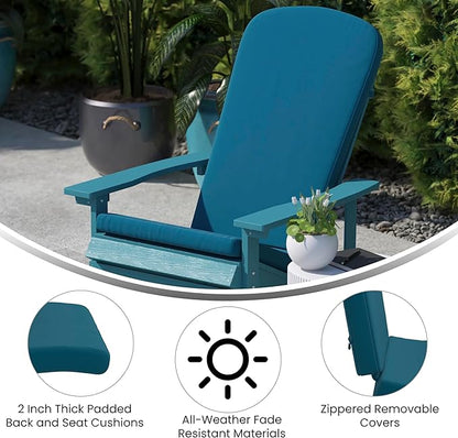 Flash Furniture Charlestown Folding Adirondack Chairs Poly Resin Frame-All-Weather Cushions-Indoor/Outdoor Use, Set of 2, White/Teal