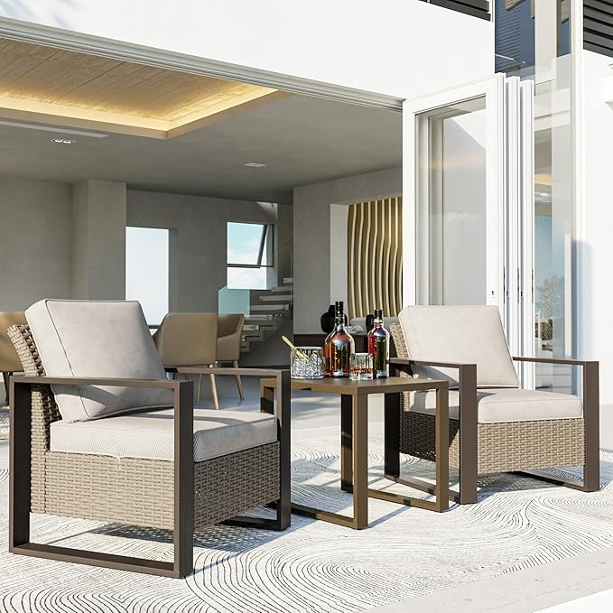 3 Piece Patio Chair Set, Outdoor Wicker Chair and Side Table, Metal Patio Furniture with Deep Seating, Thicken Cushions for Deck, Porch, Yard Use (Beige, 3 PCS/Chairs)