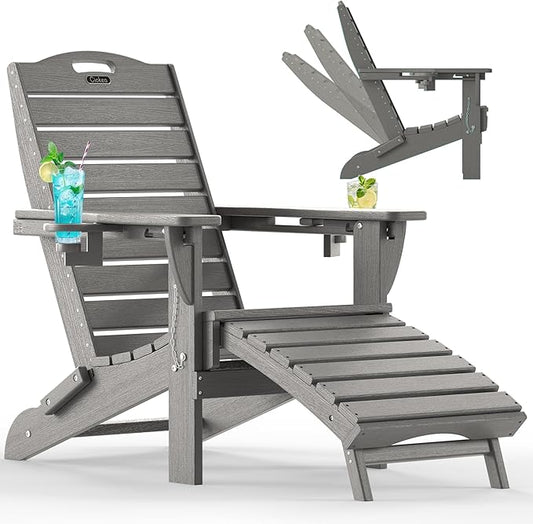 Ciokea Folding Adirondack Chair with Retractable Ottoman Fire Pit Patio Chair with Pull Out Foot Rest Weather Resistant Lawn Outdoor Lounge Chair with 2 Cup Holder (Grey)