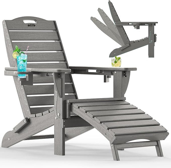 Ciokea Folding Adirondack Chair with Retractable Ottoman Fire Pit Patio Chair with Pull Out Foot Rest Weather Resistant - Photo 1