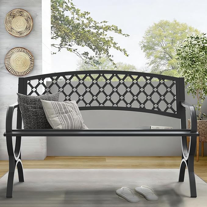 On Shine 50'' Patio Garden Bench, Loveseats Patio Park Bench, Black Steel Cast Iron Frame Bench - Photo 2