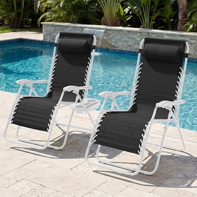Best Choice Products Set of 2 Extra Wide Adjustable Steel Mesh Zero Gravity Lounge Chair Recliners w/Pillows and Cup Holder Trays - Black/White
