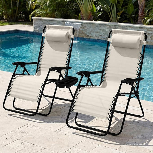 Best Choice Products Set of 2 Extra Wide Adjustable Steel Mesh Zero Gravity Lounge Chair Recliners w/Pillows and Cup Holder Trays - Ivory