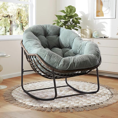 Large Indoor Rocking Chair Set of 2, Oversized Rocking Papasan Chair with Thick Cushion and Frame,Comfy Corduroy Rocker Wicker Egg Chairs Lounge Reading Chair for Living Room, Bedroom, Apartment,Green