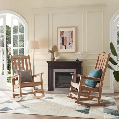 Psilvam Oversized Outdoor Rocking Chair Set of 2, Porch Rocker with 21" Wide Seat and 32" Tall Backrest, Pre-Assembled with Most Components for Effortless Installation (Teak Color)