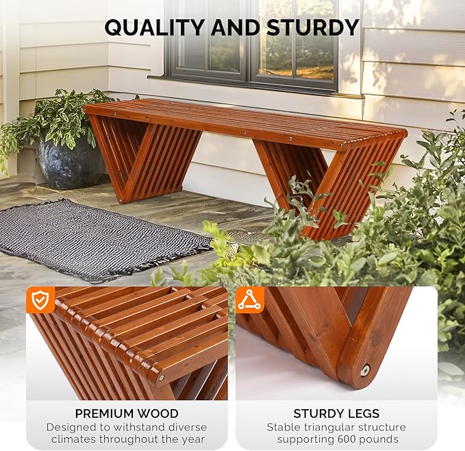 VINGLI Outdoor Wooden Bench, 63" All Weather Patio Bench Porch Bench - Photo 5