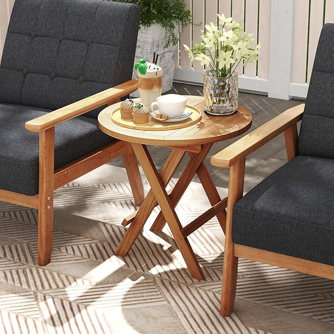Tangkula Patio Folding Side Table, Teak Wood Round Coffee Table w/X-Shaped Legs & Slatted Tabletop, Portable & Compact Outdoor End Table for Backyard, Deck, Lawn