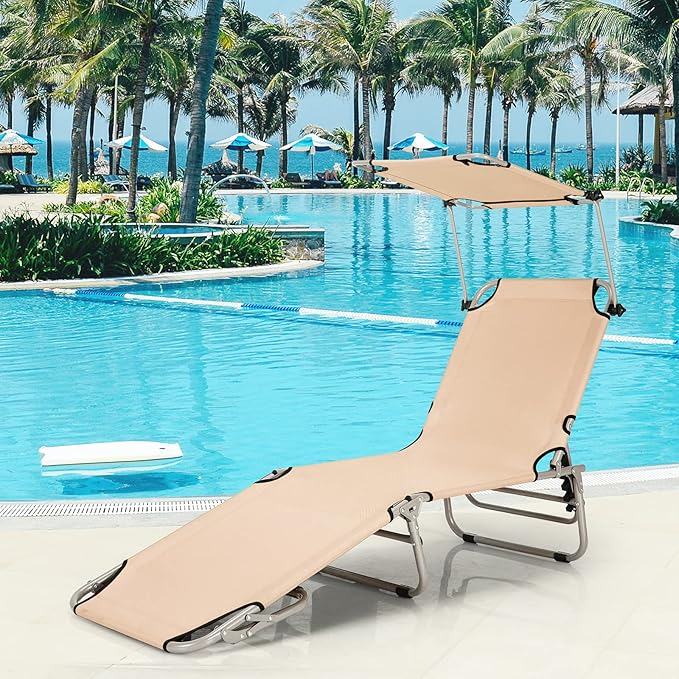 GYMAX Beach Chair with Canopy Shade, Folding Tanning Lounge with Adjustable Backrest, Carry Handle & Side Pocket - Photo 8