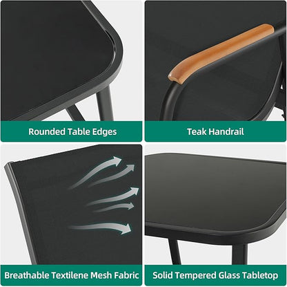 YITAHOME 3 Piece Patio Furniture Set, Outdoor Glider Chair Bistro Set, Coffee Table with Tempered Glass Tabletop, Patio Textilene Chairs Set of 2 for Backyard, Lawn, Garden, Balcony and Porch, Black
