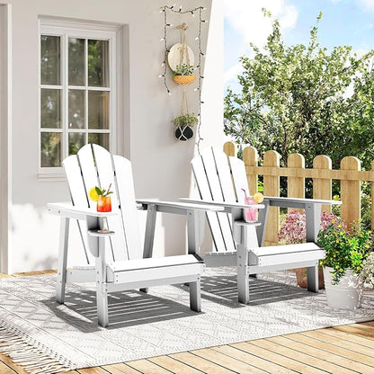 PROHIKER Adirondack Chair with Cup Holder, HDPE Outdoor Patio Chair All Weather Outdoor Chairs for Lawn Garden Porch Backyard, Plastic, White