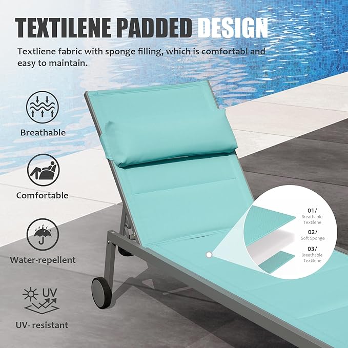 Domi Outdoor Patio Chaise Lounge Set of 3, Aluminum Pool Lounge Chairs with and Wheels, Textilene Padded Adjustable Recliner All Weather for Poolside, Beach, Yard, Balcony (Turquoise Blue)