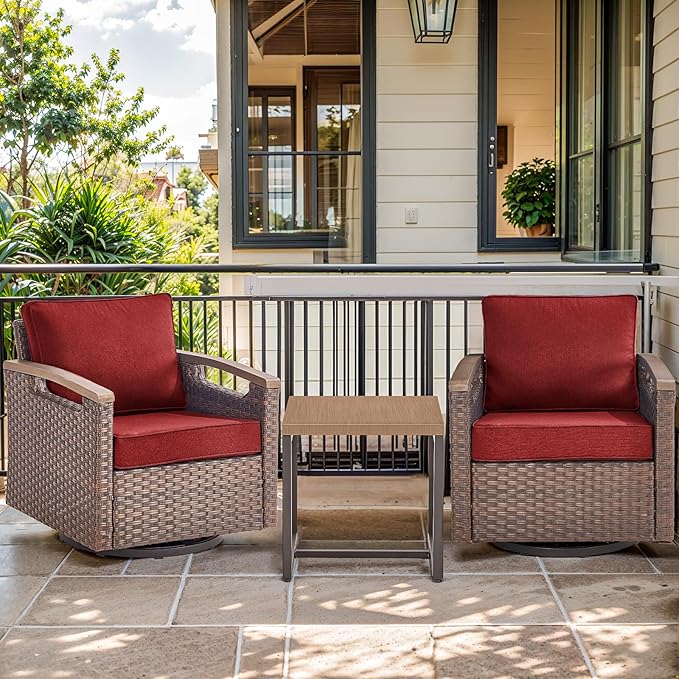 Luxury Outdoor Swivel Rocker Patio Chairs with Metal Side Table - Heavy Duty 3 Piece Patio Furniture Set All Weather Wicker Glider Set with Thick Cushion for Porch, Poolside and Deck - Red