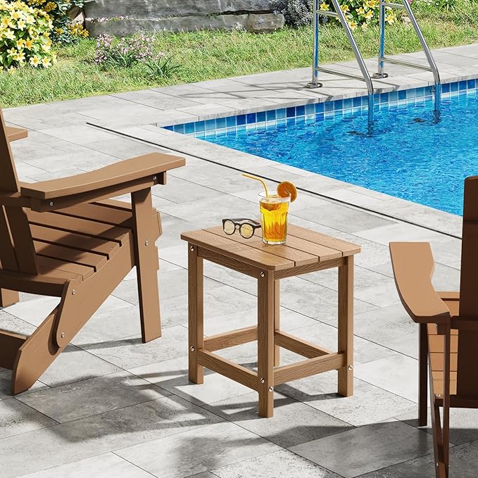 ONBRILL Outdoor Side Table Set of 2, Adirondack Small End Table, Indoor & Outdoor Use, HDPS Weather Resistant/Easy Maintenance for Patio, Pool, Deck, Porch, Garden, Shower, Outside- (2, Teak)