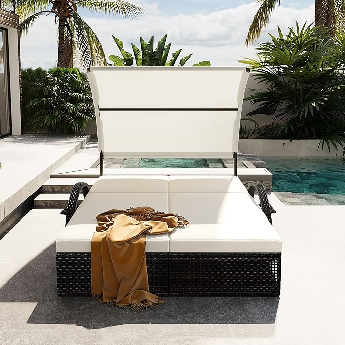 Outdoor Double Chaise Lounge with Adjustable Backrest and Sun Canopy - Photo 2