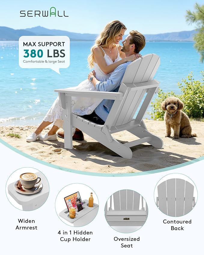 SERWALL Folding Adirondack Chair, Patio Adirondack Chairs with 4 in 1 Multi-Functional Cup Holder, Wooden Textured, All Weather Plastic Fire Pit Chair for Outdoor, Garden, Backyard, Deck- Spanish Gray