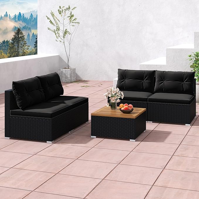 Tangkula 5 Piece Rattan Sofa Set, Outdoor Wicker Furniture Set w/Seat & Back Cushions, Square Coffee Table - Photo 3