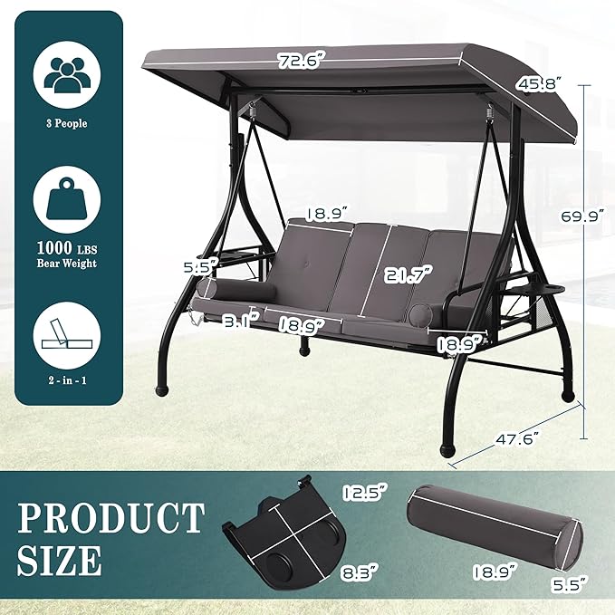 MAGIC UNION 3-Seat Outdoor Patio Swings with Adjustable Cover - Photo 2