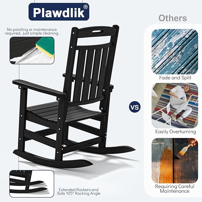 Plawdlik Oversized Rocking Chair Set of 2,HDPE All-Weather Outdoor Rocking Chair,Patio Rocking Chairs for Porch.Black
