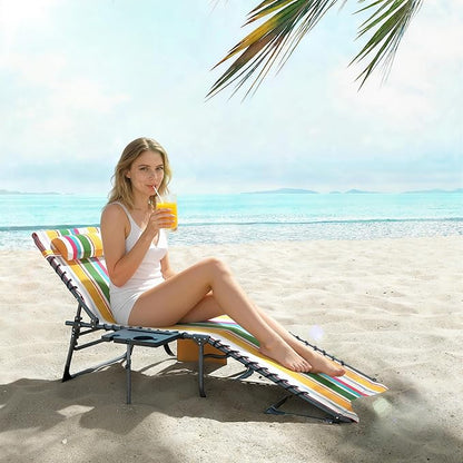 Outsunny Folding Chaise Lounge Chair Outdoor Tanning Chair with Side Table, 5-Level Adjustable Beach Lounge Chair with Headrest, Side Pocket for Patio, Backyard, Beach, Poolside, Mixed Color