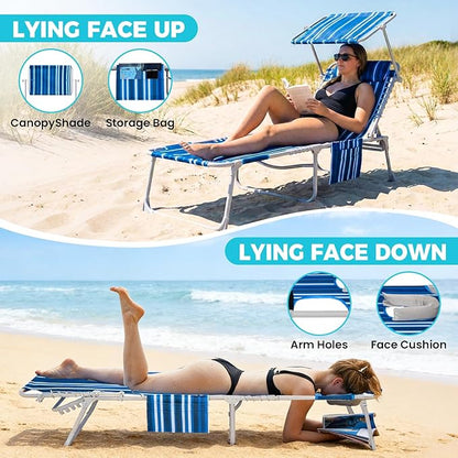 #WEJOY 3 in 1 Tanning Chair with Face Hole & Canopy, 300 lbs Heavy Duty 5 Positions Folding Face Down Lounge Chairs Outdoor with Pillow & Storage Bag Portable for Pool Beach Lawn Camping (Blue White)