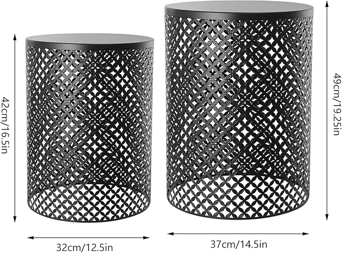 2PCS Outdoor Side Table, Heavy Duty Metal Frame Side Table Decorative Garden Stool Modern End Table Round Coffee Table for Patio Gardens Balconies Cafes (Black)