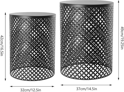 2PCS Outdoor Side Table, Heavy Duty Metal Frame Side Table Decorative Garden Stool Modern End Table Round Coffee Table for Patio Gardens Balconies Cafes (Black)