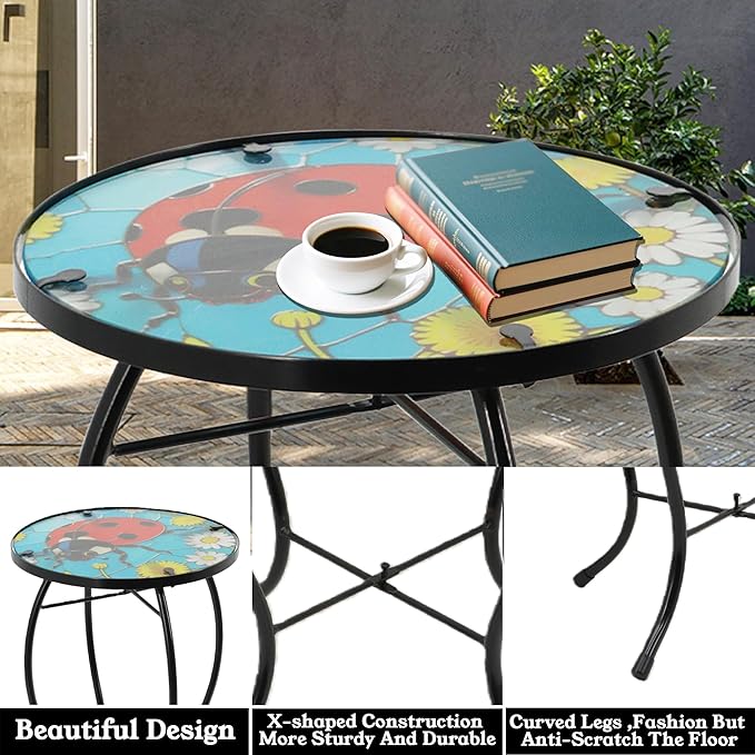 Small Side Table with Metal Frame, 10.5" Round Side Tables with Seven-Spotted Ladybug Pattern, Outdoor Table for Balcony - Photo 3