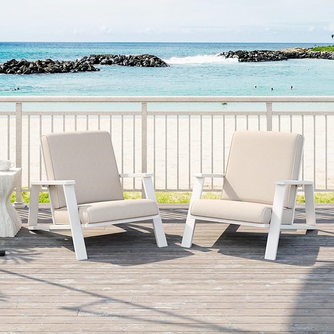 Merax Acacia Wood Outdoor Chaise Lounge Chair Set of 2, Patio Reading Lazy Recliner Sofa Couches Seating with Weather-Resistant Upholstered Cushions for Balcony Outside Pool, Beige+White