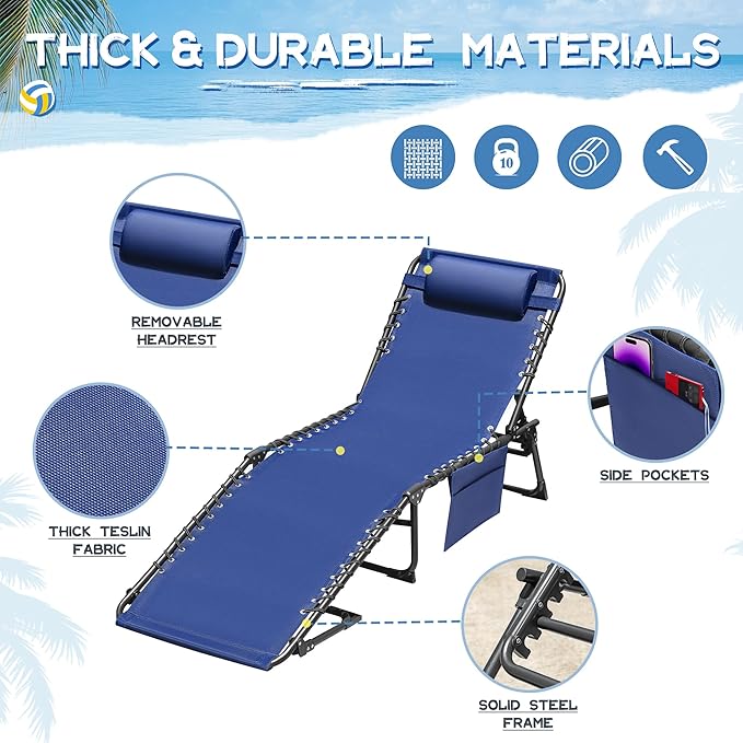Devoko Lounge Beach Chair for Adults, Outdoor Sun Tanning Chair, Portable Folding Camping Lay Chaise Lounge Chairs for Outside Beach Pool Reading, Sunbathing (1, Blue)
