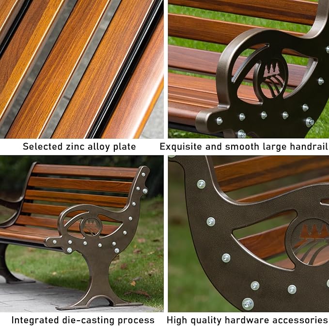 YVYKFZD Outdoor Garden Bench, Cast Aluminum Patio Park Bench, Loveseat Porch Benches with Backrest and Armrests, Weatherproof Leisure Chair Seat for 2-3 People, Easy Assembly(Walnut,150cm/59.0")