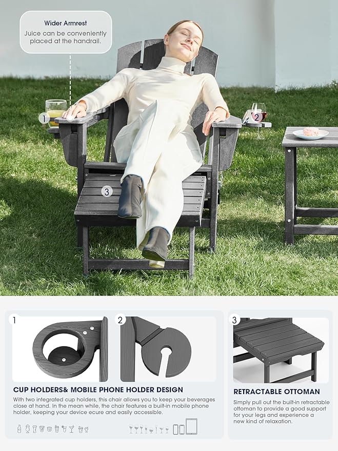 KINGYES Adjustable Folding Adirondack Chairs with Footrest & 2 Cup, HDPE Recliner Adirondack Chair with Ottoman, Grey - Photo 4