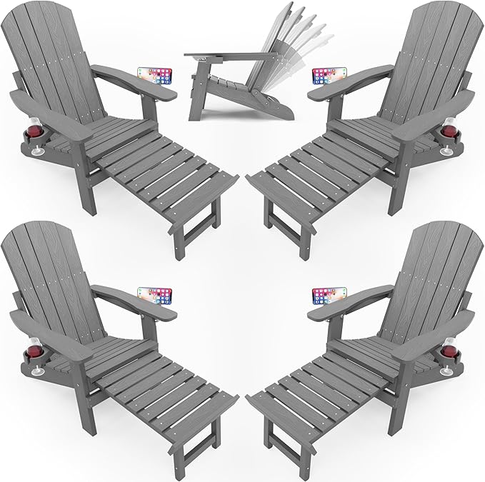 YEFU Folding Adirondack Chair Set of 4 with Footrest,Adjustable Adirondack Chair with Retractable Ottoman & 2 Cup Holder, 5-Level Adjustable Adirondacks Chairs, for Outdoor, Pool,Patio,Fire Pit (Grey)