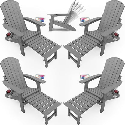 YEFU Folding Adirondack Chair Set of 4 with Footrest,Adjustable Adirondack Chair with Retractable Ottoman & 2 Cup Holder, 5-Level Adjustable Adirondacks Chairs, for Outdoor, Pool,Patio,Fire Pit (Grey)