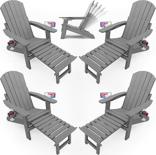 YEFU Folding Adirondack Chair Set of 4 with Footrest,Adjustable Adirondack Chair with Retractable Ottoman & 2 Cup Holder, 5-Level Adjustable Adirondacks Chairs, for Outdoor, Pool,Patio,Fire Pit (Grey)