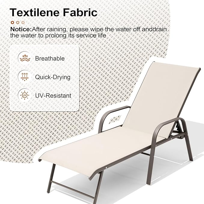 Crestlive Products Chaise Lounge Chair Outdoor with Armrests, Pool Lounge Chairs Set of 2, Aluminum Adjustable 5 Positions Sun Tanning Lounger for Patio, Poolside, Yard, Deck, Backyard (Champagne)