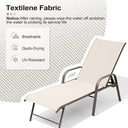 Crestlive Products Chaise Lounge Chair Outdoor with Armrests, Pool Lounge Chairs Set of 2, Aluminum Adjustable 5 Positions Sun Tanning Lounger for Patio, Poolside, Yard, Deck, Backyard (Champagne)