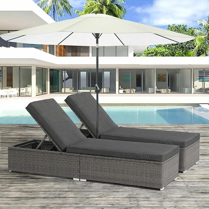JOIVI Outdoor Patio Chaise Lounge Chairs Set of 2, PE Wicker Patio Pool Lounge Chairs Furniture Set of 2, Pool Lounger Gray Rattan Adjustable Backrest with Removable Dark Gray Cushion