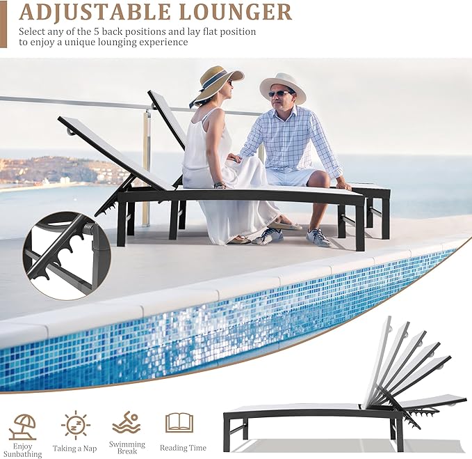 Patio Aluminum Chaise Lounge Chair, Set of 2 Outdoor Recliner Lounge Chair Sun Loungers, All Weather Chaise with 5 Adjustable Backrest and Lay Flat Positions for Garden, Balcony, Pool