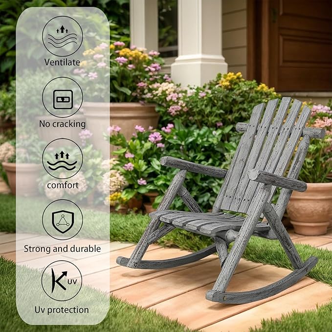 Wooden Rocking Chair Outdoor, Ergonomic High Back Patio Rocking Chairs, Porch Rocker for Backyard/Lawn/Patio/Garden/Balcony/FirePit/Indoor (Light Gray)
