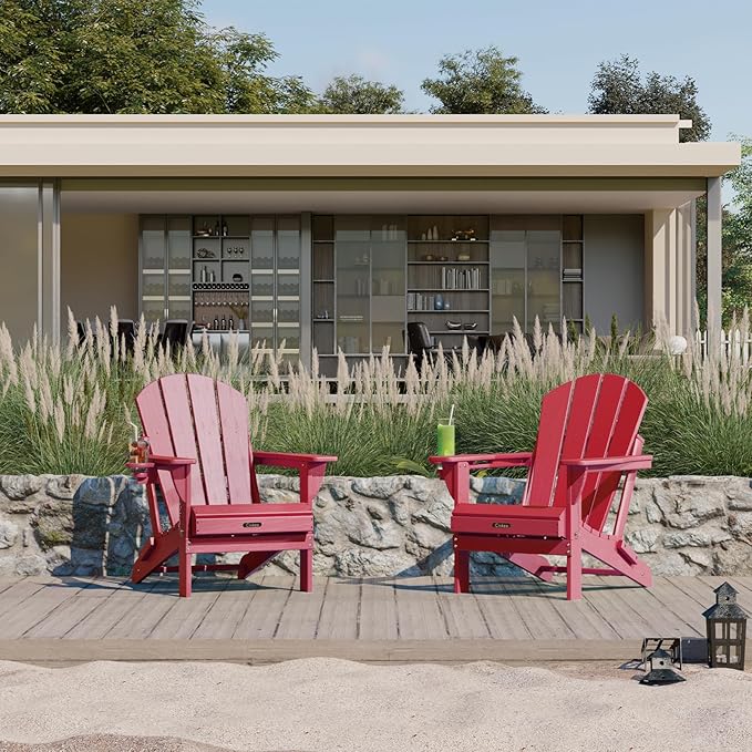 Ciokea Folding Adirondack Chair 2 Pack, Patio Adirondack Chair Weather Resistant, Plastic Fire Pit Chair with Cup Holder - Photo 2