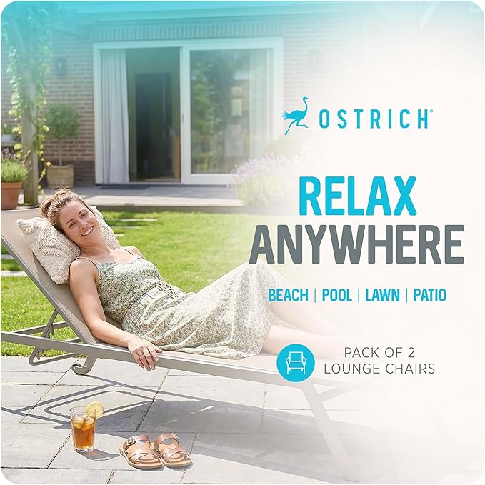 Ostrich Princeton Chaise Lounge Reading Tanning Lawn Chair, Outdoor Furniture for Pool, Beach, Patio, Backyard, and Deck, Tan/Taupe, 2 Pack